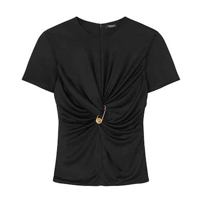 (Women) VERSACE Black Solid Color Zipper Crew Neck Short Sleeve T-Shirt. 10180811A12497-BLACK