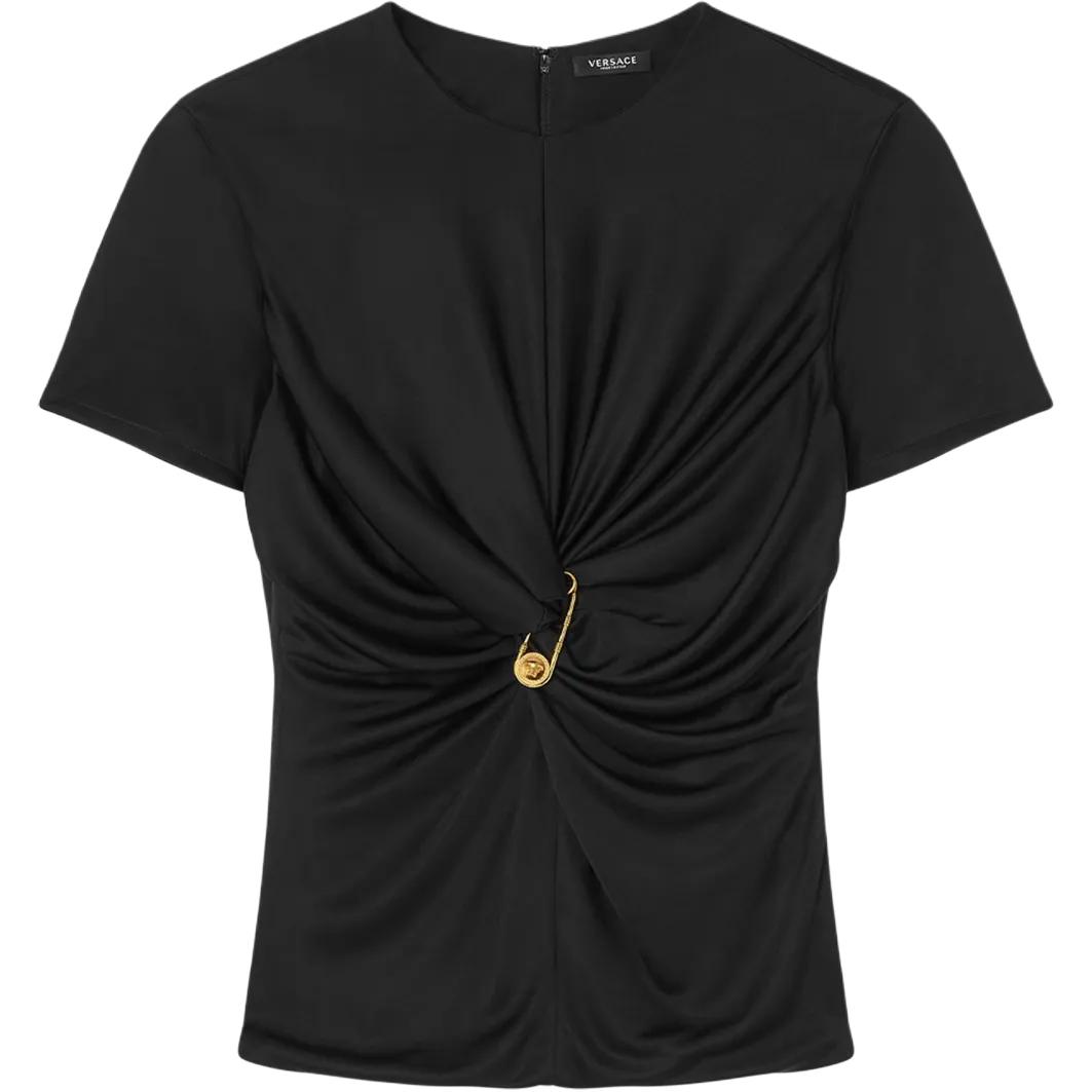 (Women) VERSACE  Black Solid Color Zipper Crew Neck Short Sleeve T-Shirt. 10180811A12497-BLACK 圖 2