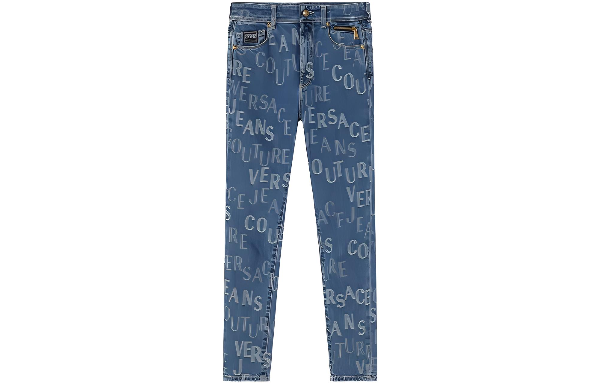 (Women) VERSACE  Blue Straight-Leg Jeans with Printed Logo and Button Details. E72HAB5X0-EDW026SS0-E904
