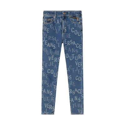 (Women) VERSACE Blue Straight-Leg Jeans with Printed Logo and Button Details. E72HAB5X0-EDW026SS0-E904