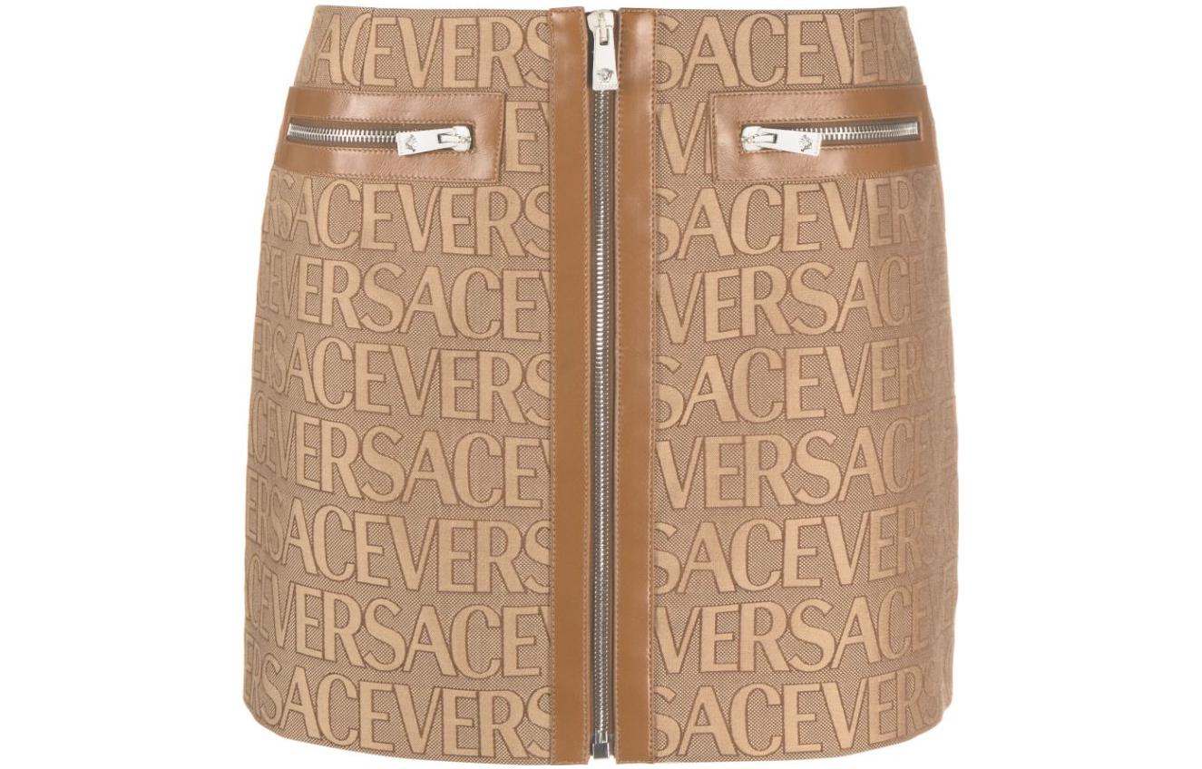 (Women) VERSACE  Brown Slim-Fit Logo Print Casual Mini Skirt. 1010926-1A03315