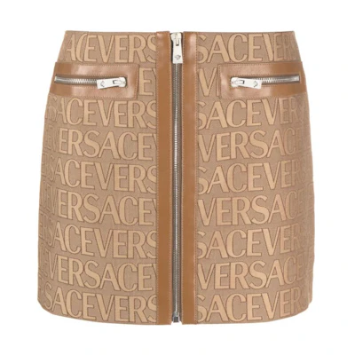 (Women) VERSACE Brown Slim-Fit Logo Print Casual Mini Skirt. 1010926-1A03315