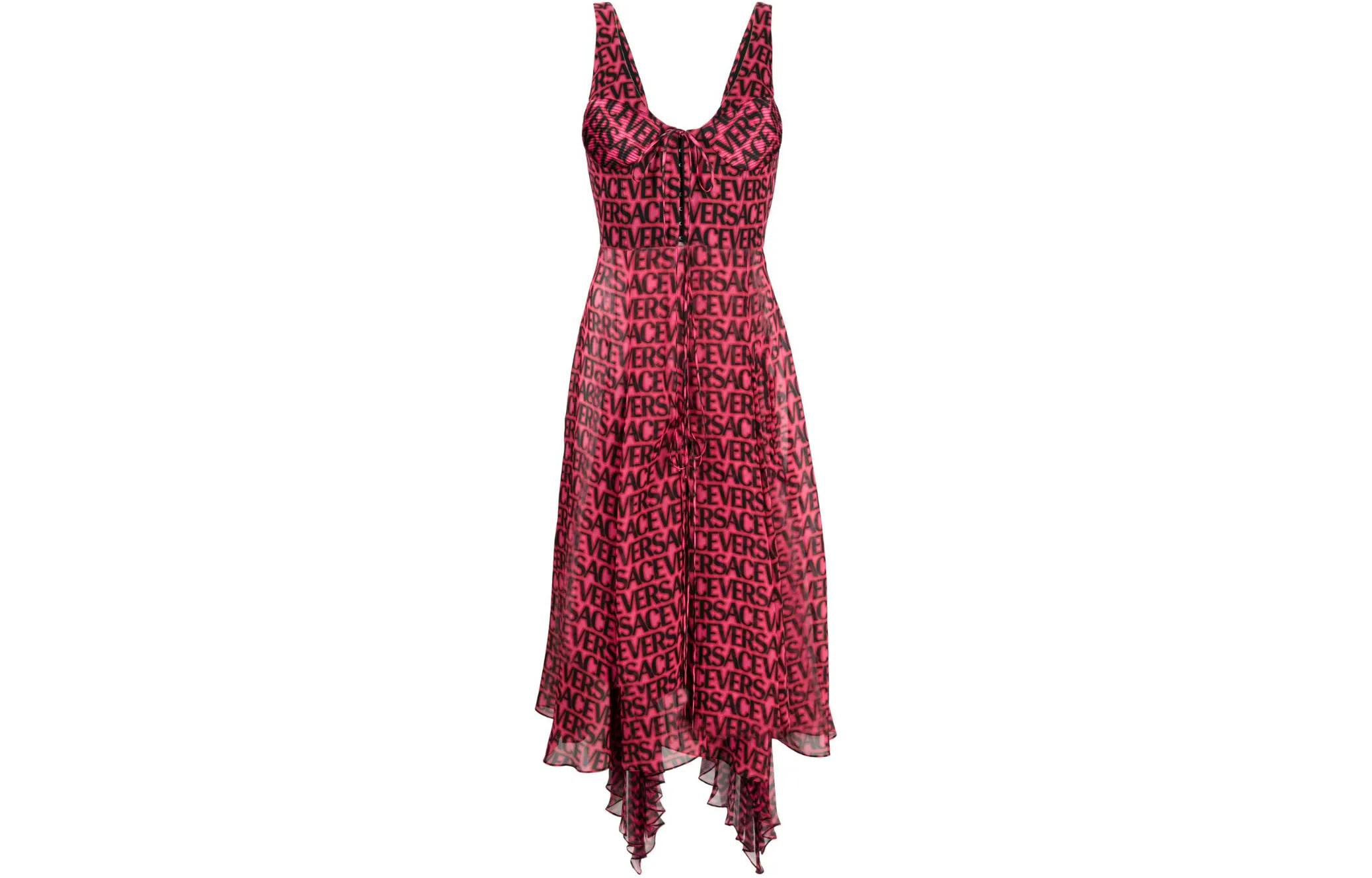 (Women) VERSACE  Coral Pink Logo Print Asymmetrical V-Neck Midi Slip Dress 1010009-1A07256-5BA50