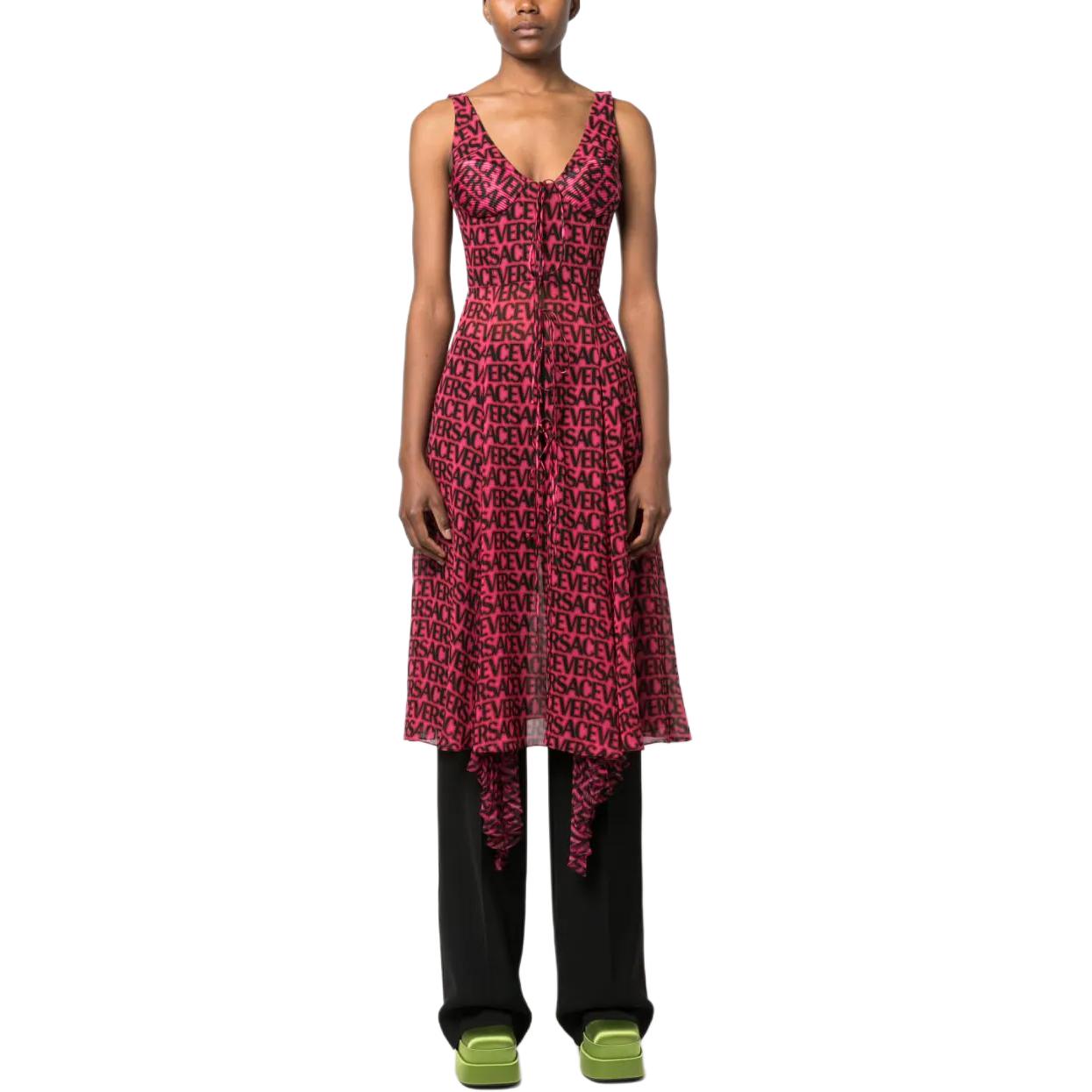 Lookbook (W) ヴェルサーチ コーラルピンク ロゴプリント アシンメトリー Vネック ミディドレス 1010009-1A07256-5BA50