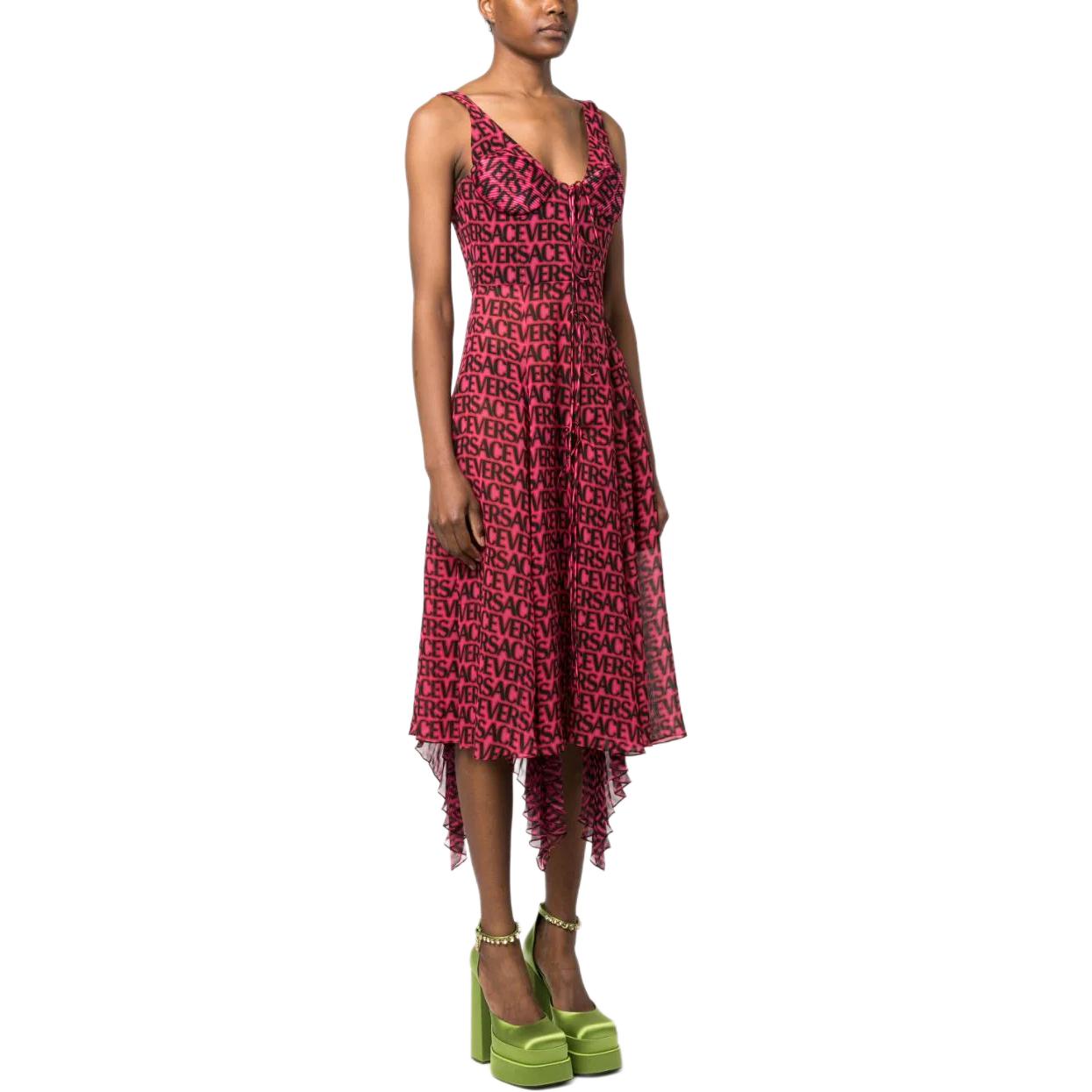 Purchase (W) ヴェルサーチ コーラルピンク ロゴプリント アシンメトリー Vネック ミディドレス 1010009-1A07256-5BA50