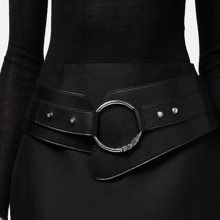 Lookbook (W) 베르사체 하이웨이스트 비대칭 블랙 가죽 벨트 8.5-14.5cm宽 1011514-1A06397_1B00P