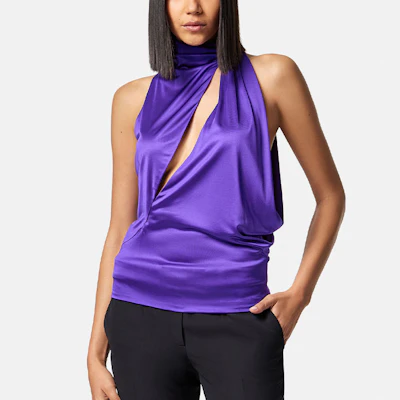 (W) ヴェルサーチ ソリッドパープル ハルター ノースリーブ カジュアルTシャツ SS23. 1010024-1A00572-1LD60 Shop (W) ヴェルサーチ ソリッドパープル ハルター ノースリーブ カジュアルTシャツ SS23. 1010024-1A00572-1LD60