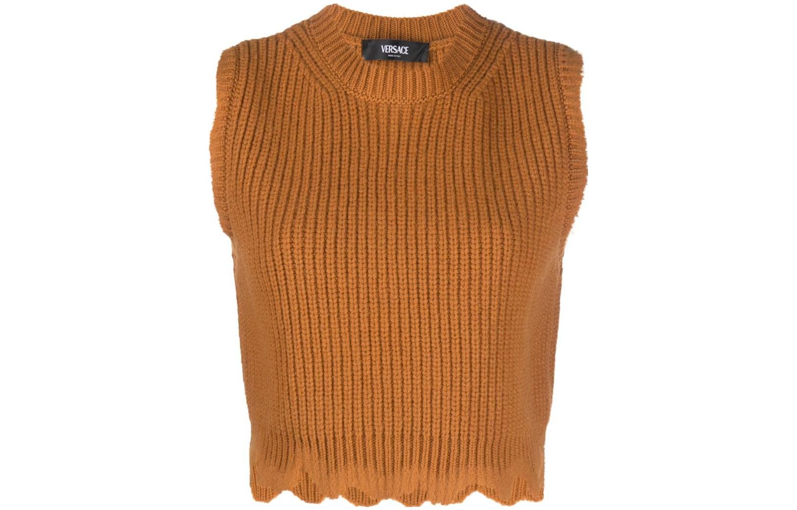 (Women) VERSACE  Solid Ribbed Sleeveless Knit Top Caramel Brown 1012122-1A08746-1NA60