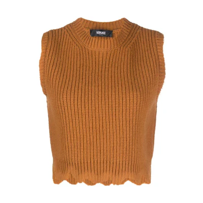 (Women) VERSACE Solid Ribbed Sleeveless Knit Top Caramel Brown 1012122-1A08746-1NA60