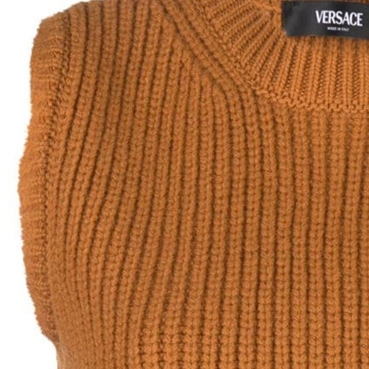 Details for (W) 베르사체 솔리드 립 슬리브리스 니트 탑 카라멜 브라운 1012122-1A08746-1NA60