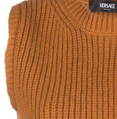 (W) 베르사체 솔리드 립 슬리브리스 니트 탑 카라멜 브라운 1012122-1A08746-1NA60 Details for (W) 베르사체 솔리드 립 슬리브리스 니트 탑 카라멜 브라운 1012122-1A08746-1NA60