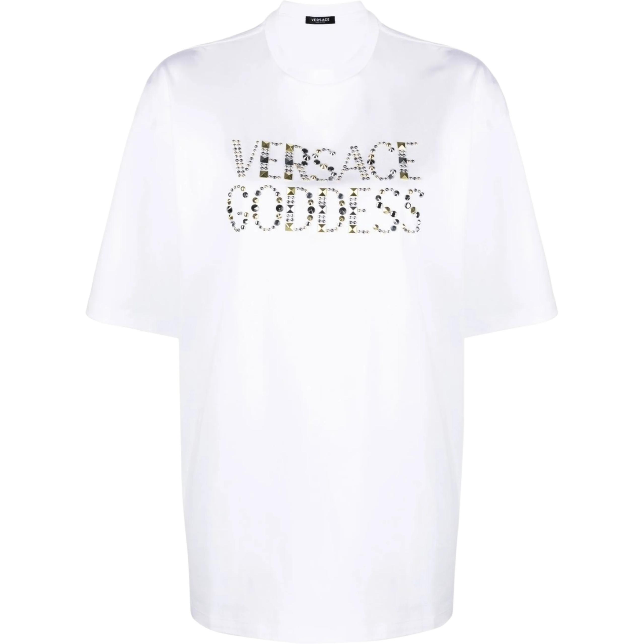 (Women) VERSACE  White Crewneck Letter Print Short Sleeve T-Shirt 1009089-1A06207-1W000