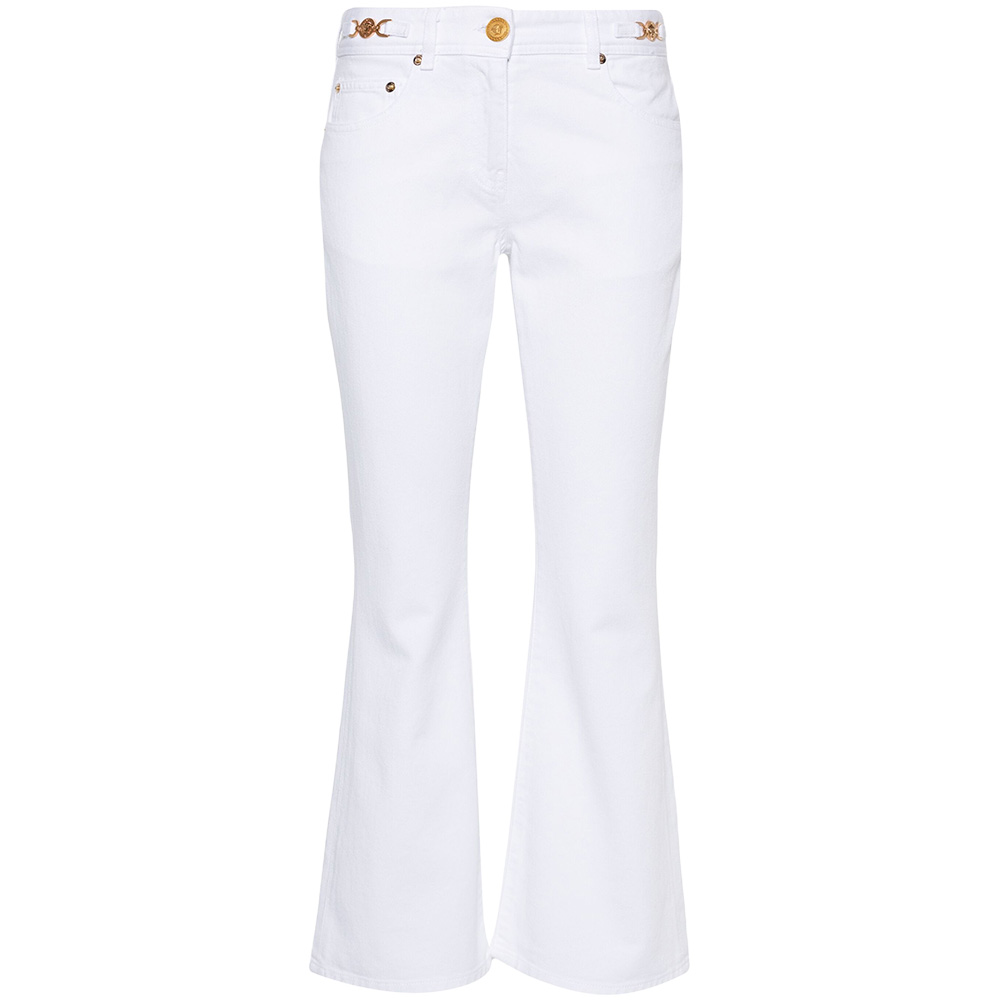 (Women) VERSACE  White Flared Jeans with Zipper Pocket Design. 1014103-1A08570-1D110