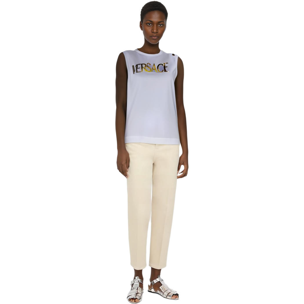 Shop (W) Camiseta sin mangas blanca VERSACE con estampado de letras. A79103-A201952-A1001