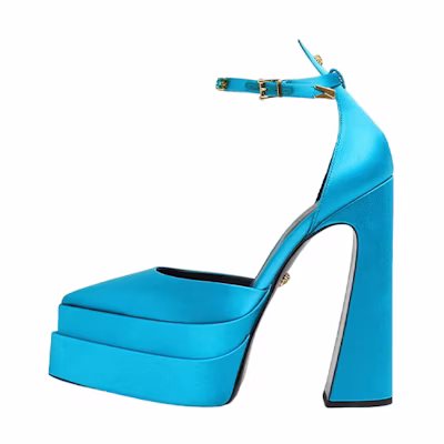(W) Versace Aevitas 160mm Pointy Platform Pumps Light Blue Satin
