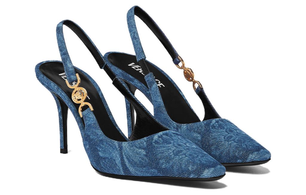 Order VERSACE范思哲 Barocco 尖頭露跟 細跟 高筒鞋 8.5cm 女款 藍色