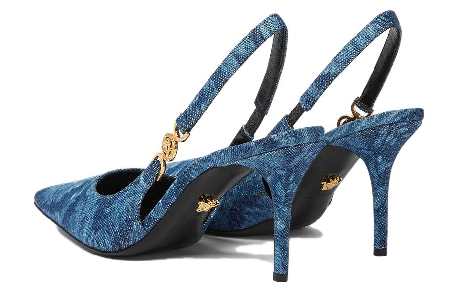 Shop VERSACE范思哲 Barocco 尖頭露跟 細跟 高筒鞋 8.5cm 女款 藍色