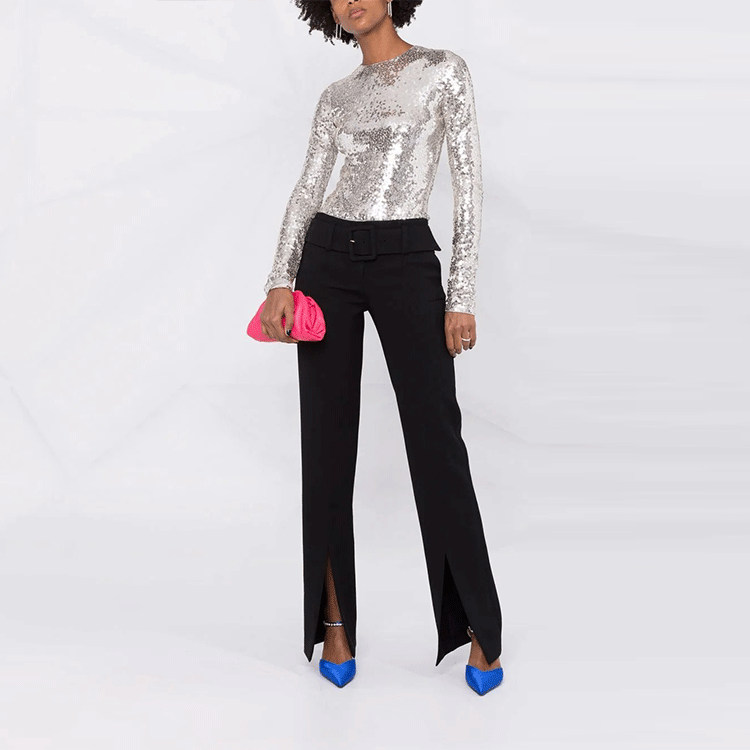 Lookbook (Women) VERSACE Black High-Waisted Side Slit Casual Pants. 1002398-1A01798-1B000