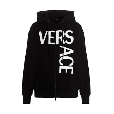 (Women) VERSACE Black Logo Print Fleece Zip-Up Hoodie Jacket 10010491-A01174-2B020