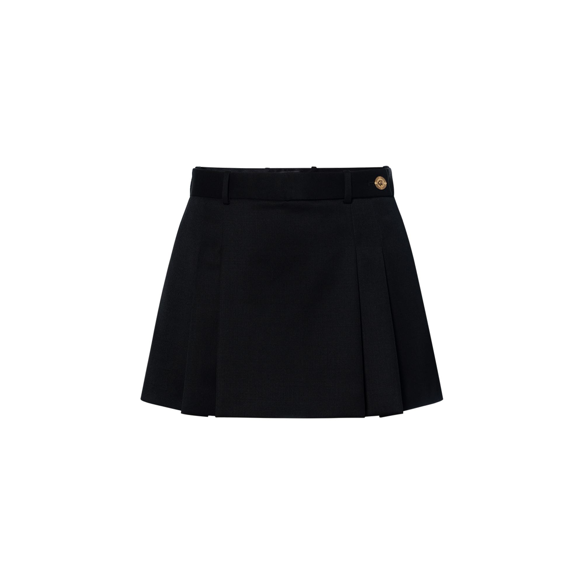 (Women) VERSACE Black Pleated Mini Skirt with Logo Button –  Low-Waist Casual Skirt 1007398-1A05158-1B000