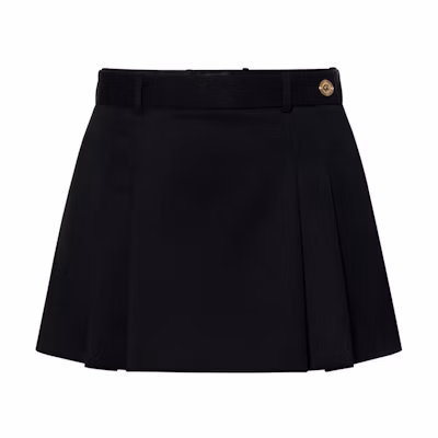 (Women) VERSACE Black Pleated Mini Skirt with Logo Button – Low-Waist Casual Skirt 1007398-1A05158-1B000