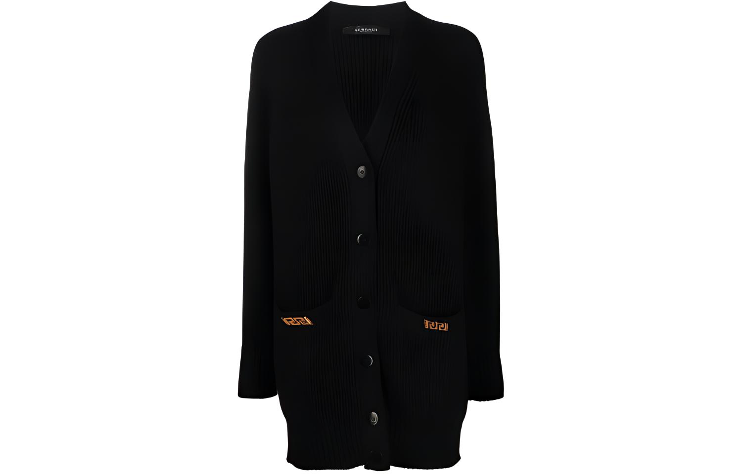 (Women) VERSACE Black Wool Cardigan Sweater with Patterned Design. A856961-A02715-1B000