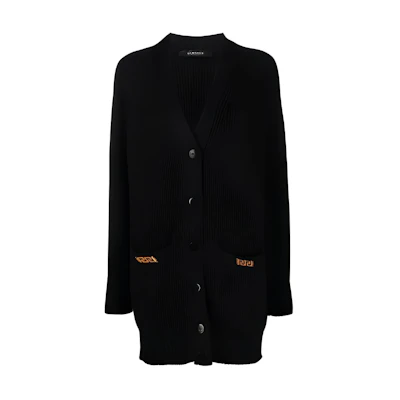 (Women) VERSACE Black Wool Cardigan Sweater with Patterned Design. A856961-A02715-1B000