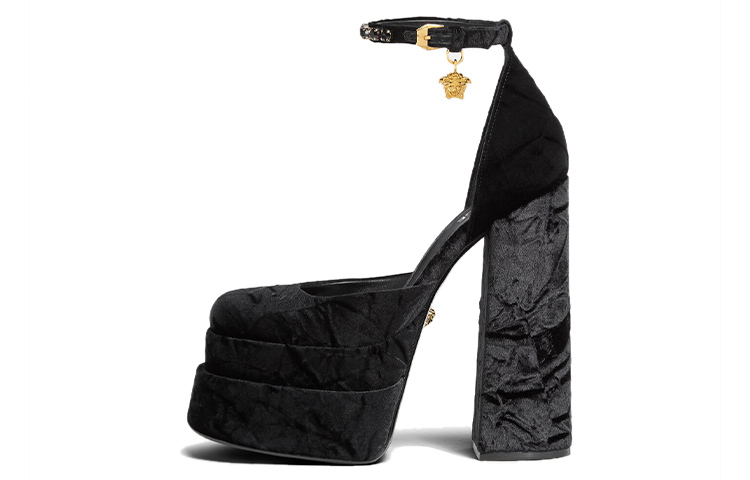 (W) Versace Buckle Square Toe Chunky Heel High Heels 'Black'