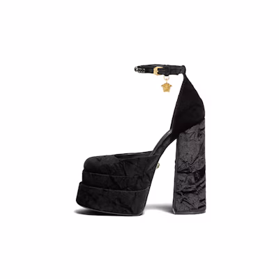 (W) Versace Buckle Square Toe Chunky Heel High Heels 'Black'