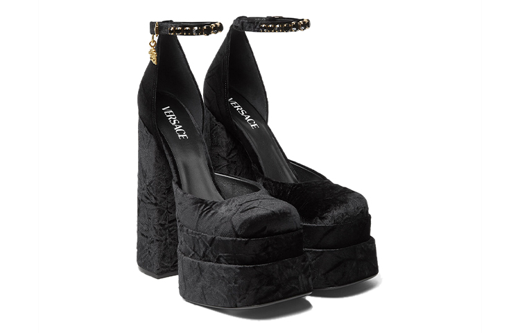 (W) Versace Buckle Square Toe Chunky Heel High Heels 'Black' 圖 3