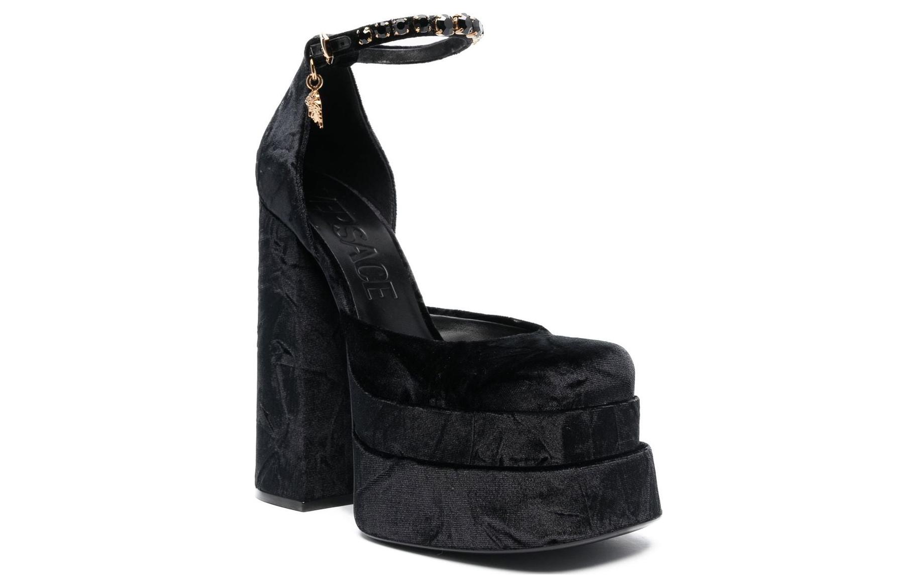 (W) Versace Buckle Square Toe Chunky Heel High Heels 'Black' 圖 4