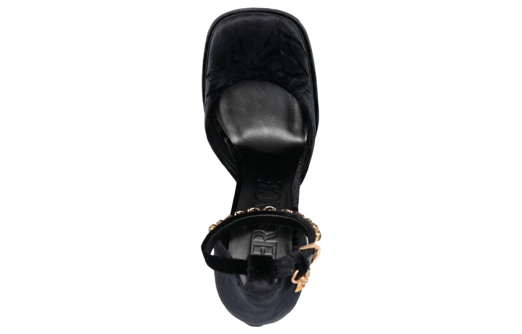 (W) Versace Buckle Square Toe Chunky Heel High Heels 'Black' 圖 6