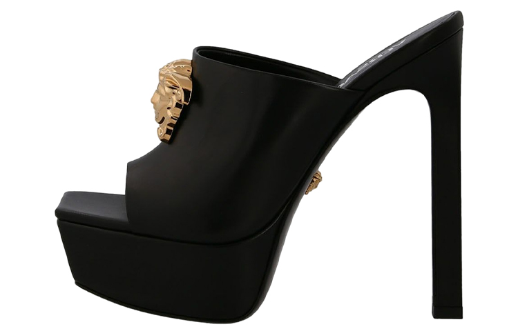 (Women) Versace Calfskin High Heel Square Toe Slide 'Black Fashion' 1003308-DVT2P_1B00V