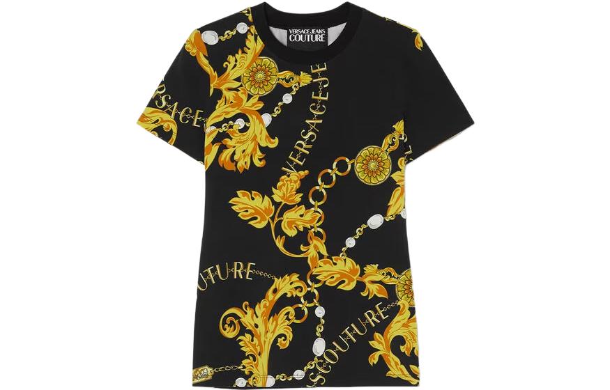 (Women) VERSACE Chain Print Crewneck Short Sleeve T-Shirt Women’s Black E75HAH608-EJS214-EG89