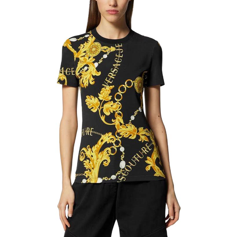 Shop (W) 베르사체 체인 프린트 크루넥 반팔 티셔츠 여성 블랙 E75HAH608-EJS214-EG89