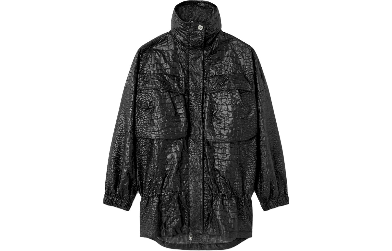 (Women) VERSACE Croc-Lacquered Cloquet Jacket  Black Long Sleeve Stand Collar Coat 1012009-1A09081-1B000