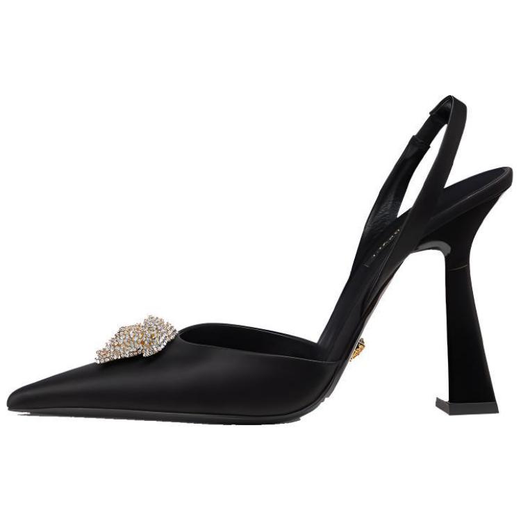(Women) Versace Crystal La Medusa 110mm Slingback Pumps Black Satin 1001207-1A00619_1B000