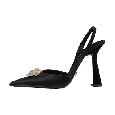 (W) Versace Crystal La Medusa 110mm Slingback Pumps Black Satin