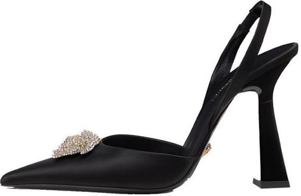 (Women) Versace Crystal La Medusa 110mm Slingback Pumps Black Satin 1001207-1A00619_1B000 Buy (Women) Versace Crystal La Medusa 110mm Slingback Pumps Black Satin 1001207-1A00619_1B000