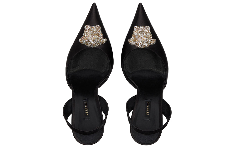 Shop VERSACE 范思哲 La Medusa 緞面露跟高筒鞋 女款 黑色