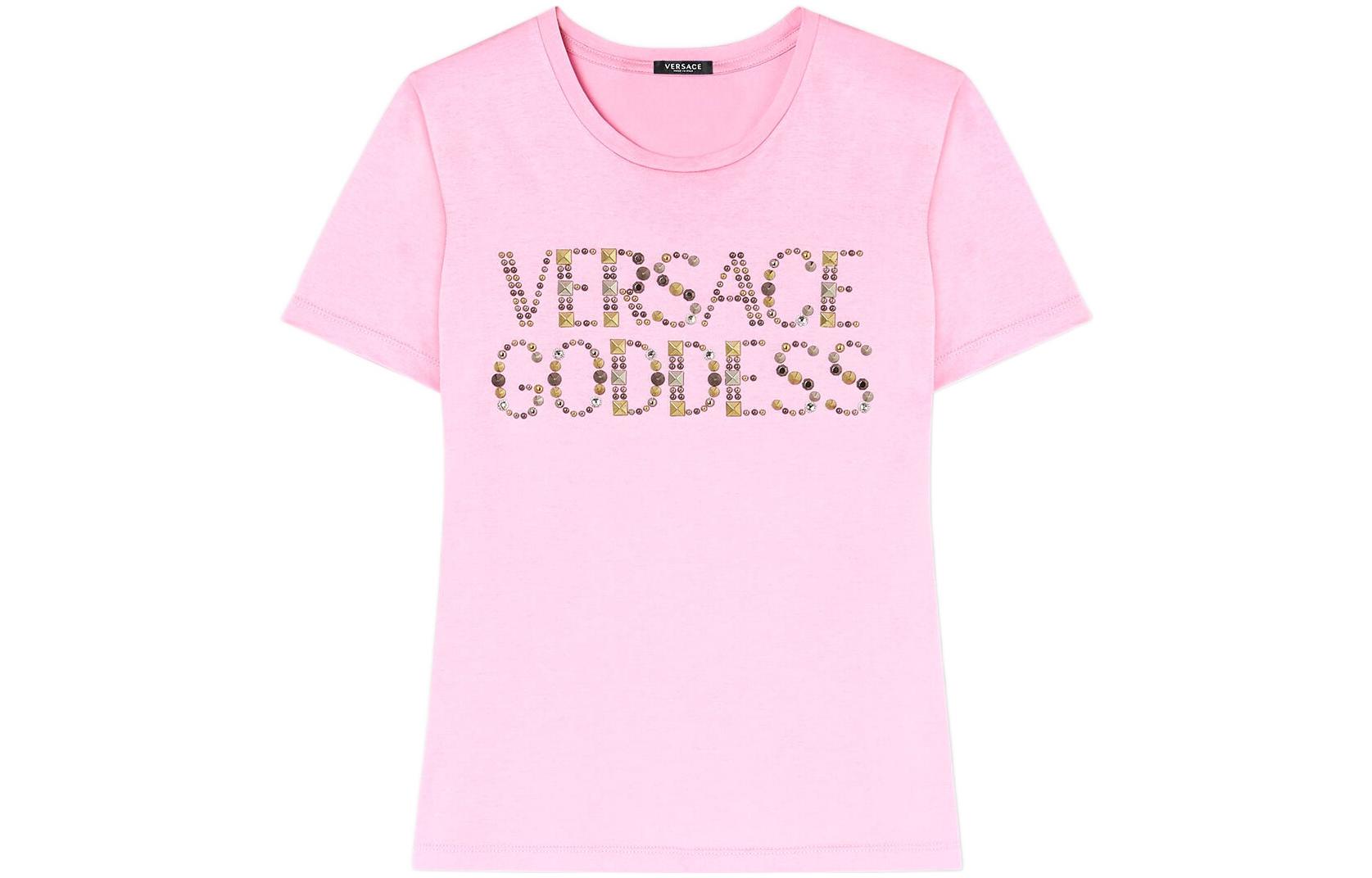 (Women) VERSACE Crystal Logo Crewneck Pink T-Shirt Women SS23. 1009199-1A06207-1PK40