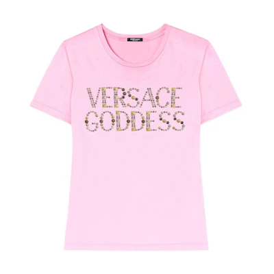 (Women) VERSACE Crystal Logo Crewneck Pink T-Shirt Women SS23. 1009199-1A06207-1PK40
