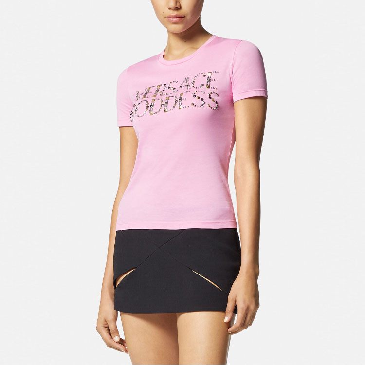 Purchase (Women) VERSACE Crystal Logo Crewneck Pink T-Shirt Women SS23. 1009199-1A06207-1PK40