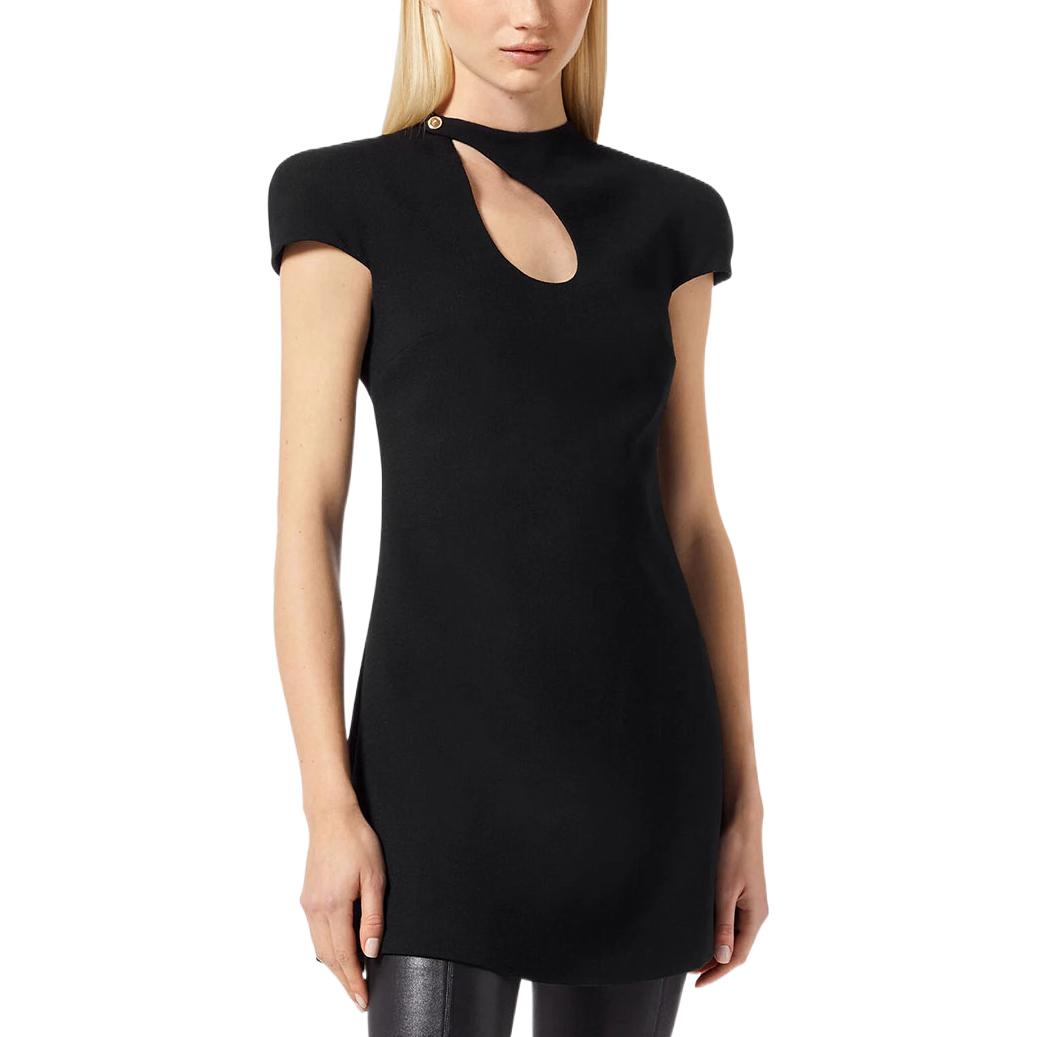 Lookbook (W) 베르사체 FW22 블랙 티어드롭 컷아웃 반팔 드레스 1005921-1A00537-1B000