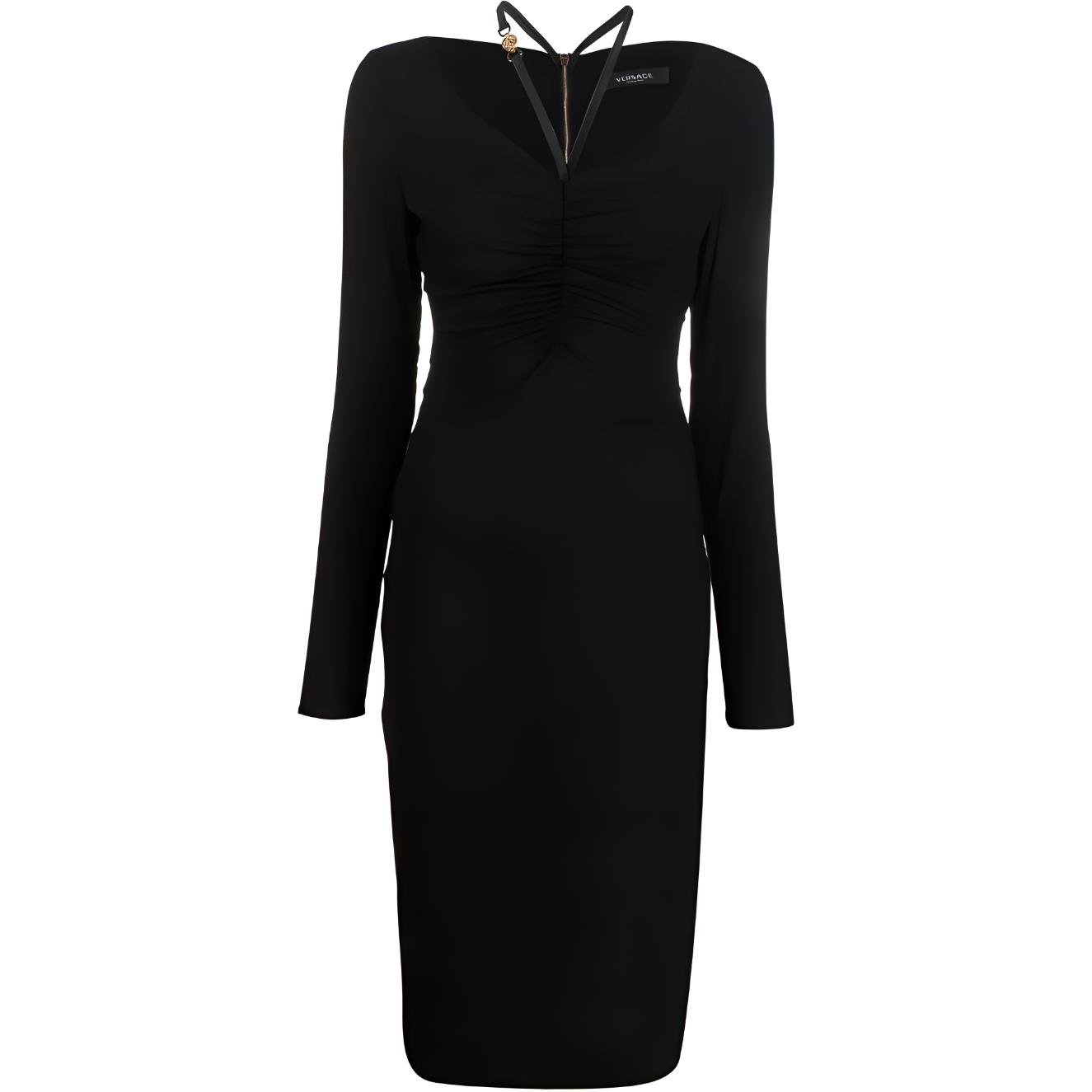(Women) Versace FW22 Black Pleated Zip-Up Long Sleeve Slim Fit Midi Dress Women 1006338-1A00523-1B000