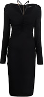 (Women) Versace FW22 Black Pleated Zip-Up Long Sleeve Slim Fit Midi Dress Women 1006338-1A00523-1B000 (Women) Versace FW22 Black Pleated Zip-Up Long Sleeve Slim Fit Midi Dress Women 1006338-1A00523-1B000
