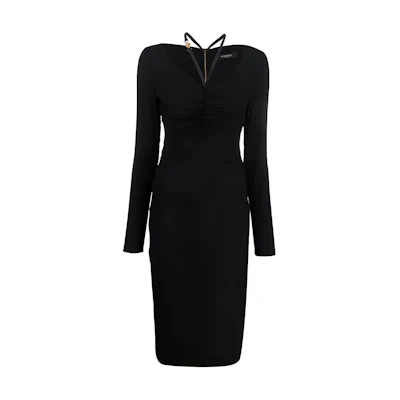 (Women) Versace FW22 Black Pleated Zip-Up Long Sleeve Slim Fit Midi Dress Women 1006338-1A00523-1B000