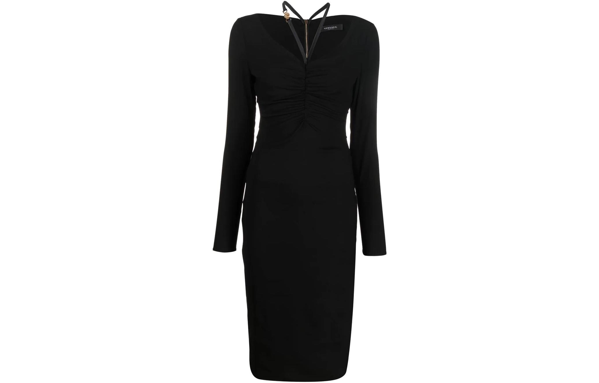 Order (W) Vestido Midi Slim Fit de Manga Larga con Cremallera y Pliegues Negro FW22 Versace Mujer 1006338-1A00523-1B000
