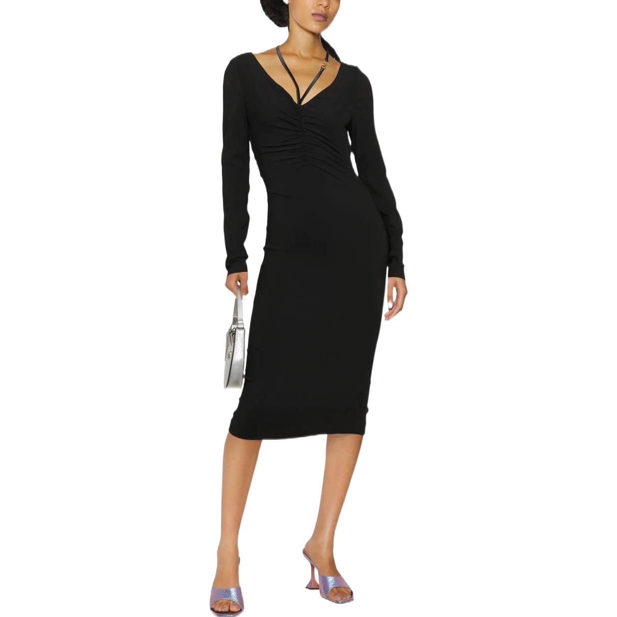 Lookbook (W) Vestido Midi Slim Fit de Manga Larga con Cremallera y Pliegues Negro FW22 Versace Mujer 1006338-1A00523-1B000