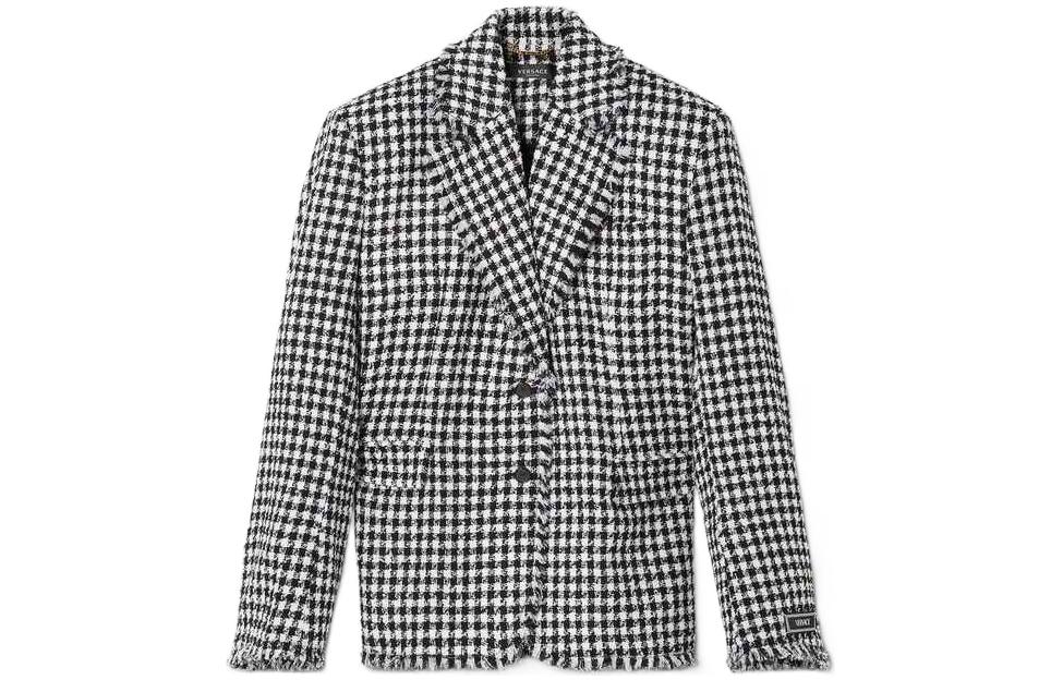 Order (W) Blazer Tweed Pinggiran VERSACE FW22 Wanita Hitam Putih 1007497-1A05334-2W020